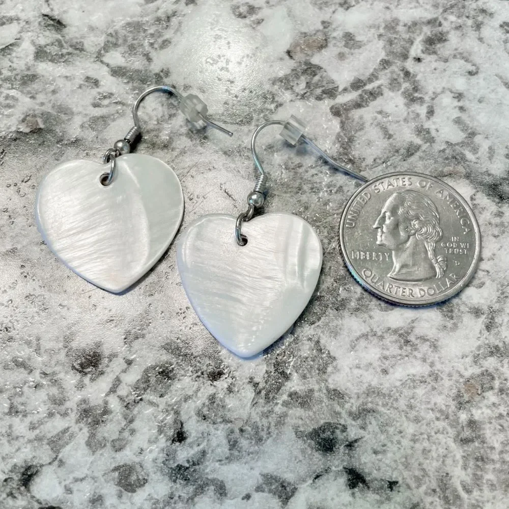 Faux Pearl White Heart Dangle Earrings | Mother of Pearl Style Lightweight